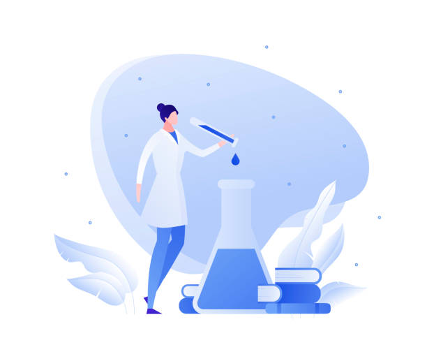 Science person flat illustration. Woman with laboratory equipment. Vector flat medical science character illustration. Woman scientist with lab tube and books. Concept of chemistry, physics, bio engineering, innovation. Design for banner, poster, web, flyer pharmacist cartoon stock illustrations