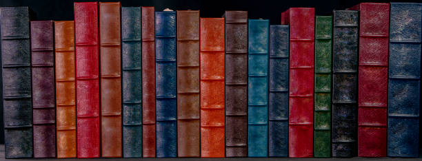 стопка кожаных связанных книг - book spine book old in a row стоковые фото и изображения