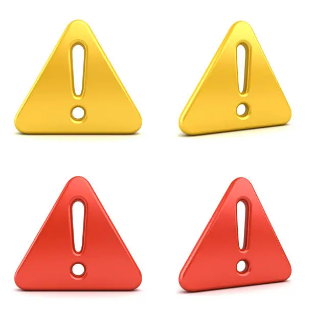 Photo of 3d Hazard warning attention signs exclamation mark symbols red and yellow icons isolated on white background