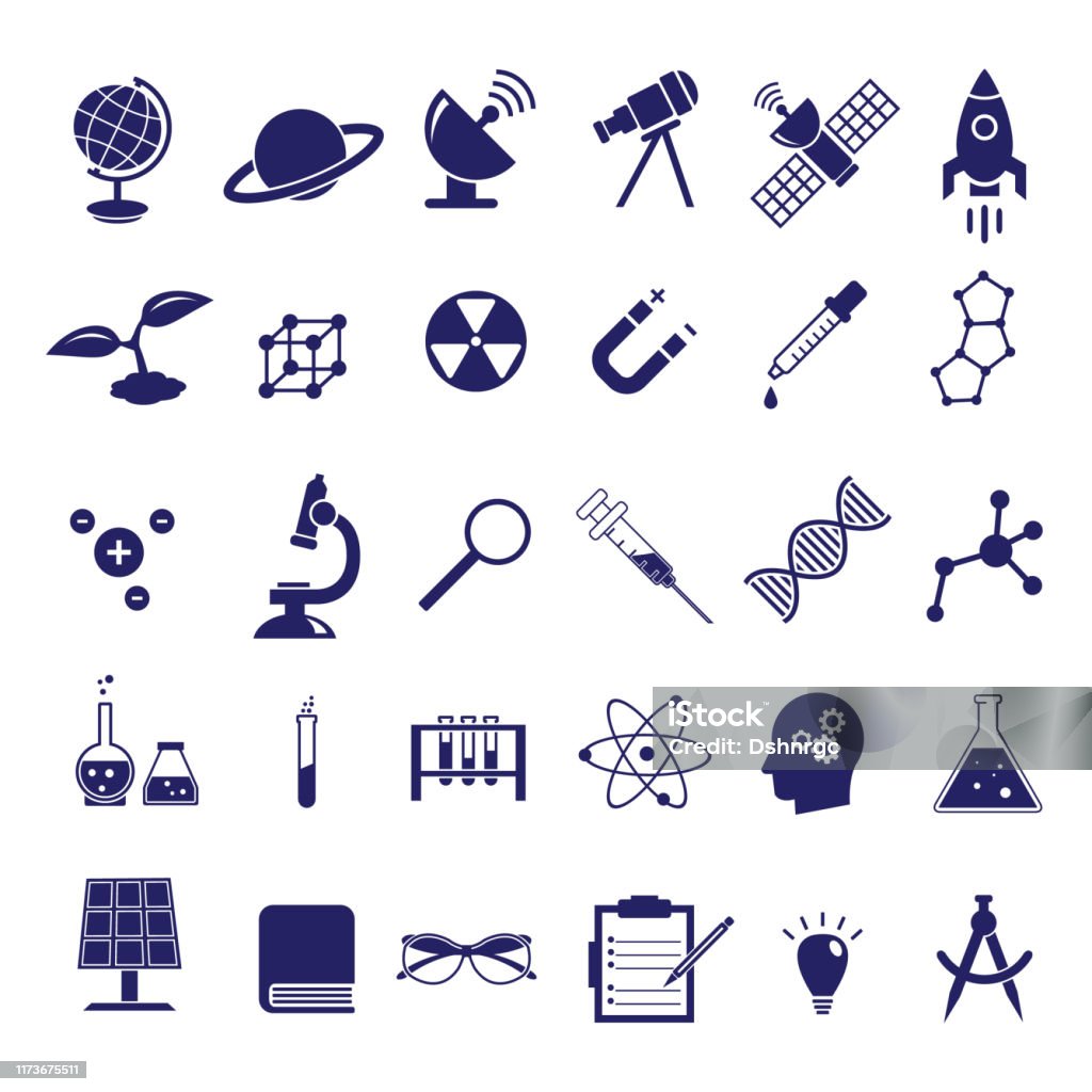 Science vector icon set, education chemistry, physics, biology icons like solar panel, microscope, syringe, DNA molecule and others - Royalty-free Aprender arte vetorial