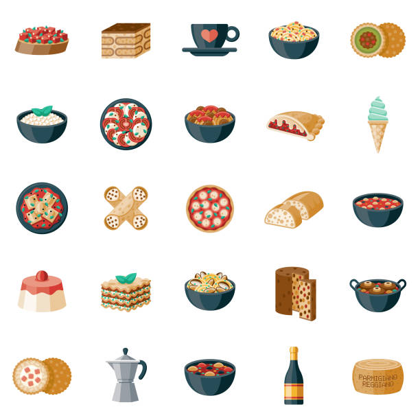 ilustraciones, imágenes clip art, dibujos animados e iconos de stock de conjunto de icono de comida italiana - croquetas