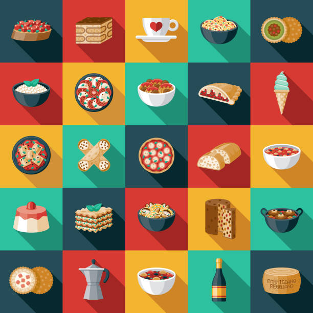 ilustraciones, imágenes clip art, dibujos animados e iconos de stock de conjunto de icono de comida italiana - minestrone