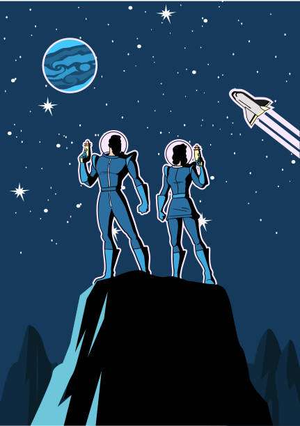 ilustrações, clipart, desenhos animados e ícones de pares retros do astronout dos desenhos animados do vetor em uma ilustração do planeta - men retro revival 1950s style comic book