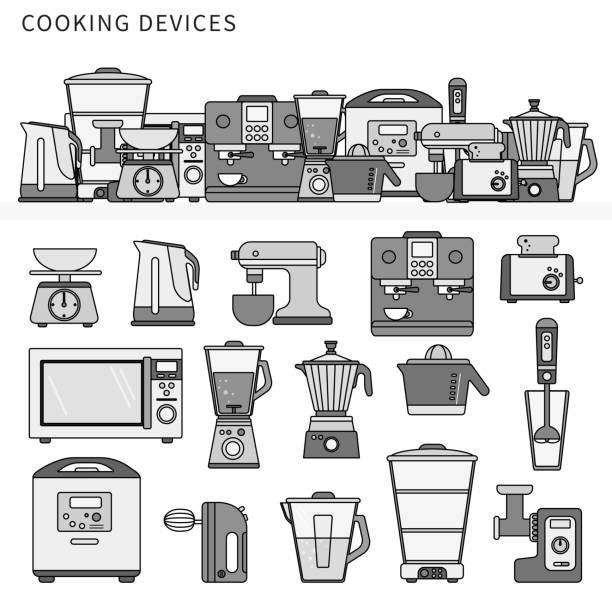 ilustrações de stock, clip art, desenhos animados e ícones de kitchen machines flat line. line monochrome vector illustration. - studio equipment illustrations
