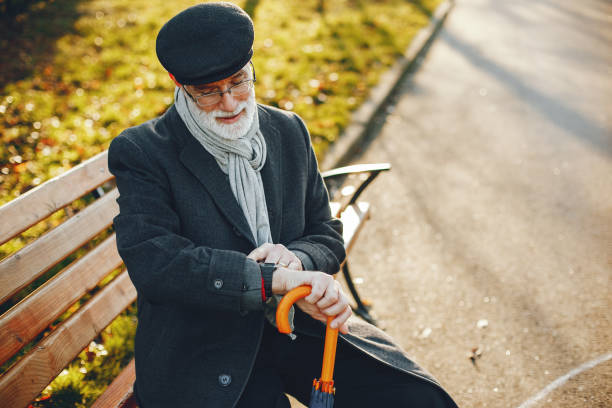 istock Elegant old man in a sunny autumn park 1173697861