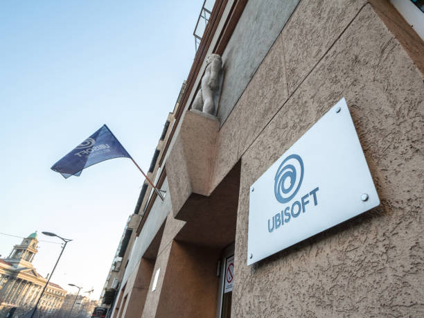 Ubisoft logo in front of their local headquarters. Ubisoft entertainment is a video game development company from France spread worldwide stock photo
