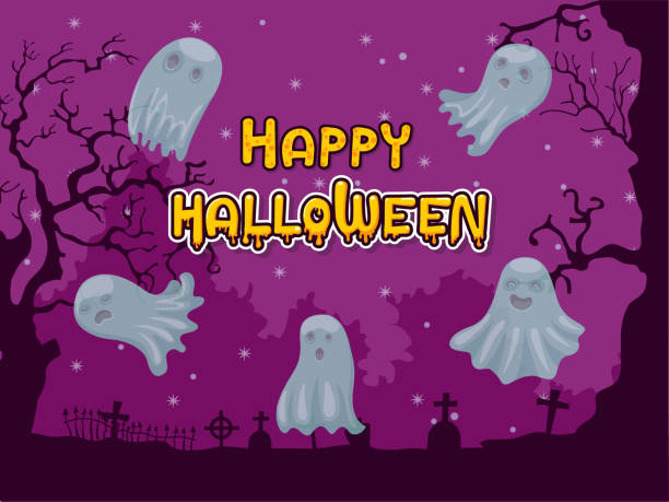 istock Happy halloween collection of ghosts on background. Concept cartoon ghost in different. Halloween elements set. Vector clipart illustration 1173705143