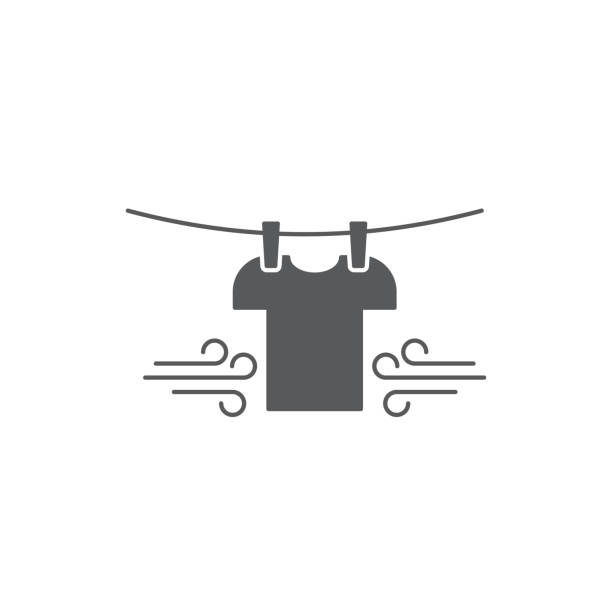 ilustrações, clipart, desenhos animados e ícones de t-shirt que penduram em um símbolo do ícone do vetor do varal isolado no fundo branco - laundry clothing clothesline hanging