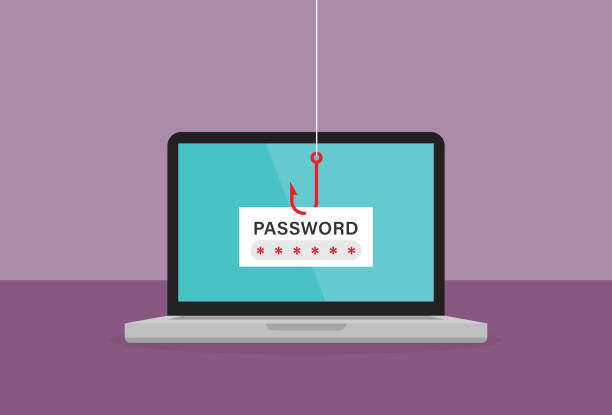 der rote angelhaken stiehlt passwort auf einem laptop - password stock-grafiken, -clipart, -cartoons und -symbole