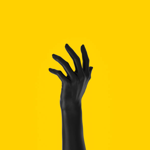 istock Black open hand sculpture giving, holding, take or showing something gesture isolated on yellow background, 3d illustration, 1173712024