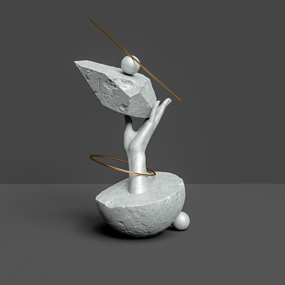 Abstract sculpture stone textured, balance concept, hand statue holds geometric museum piece elements, still life 3d rendering