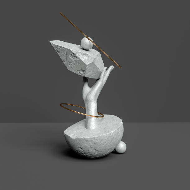 abstract sculpture stone textured, balance concept, hand statue holds geometric museum piece elements, still life 3d rendering - sculpture imagens e fotografias de stock