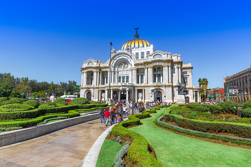 Mexico City, Mexico-2 August, 2019: Landmark Palace of Fine Arts (Palacio de Bellas Artes) in Alameda Central Park near Mexico City Historic Center (Zocalo)