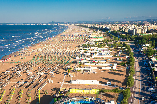 Aerial view on Rimini beach, Italy. Sea vacation in Rimini. Summer rest in Rimini