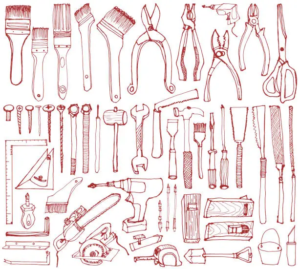 Vector illustration of Set of DIY tools. doodles.