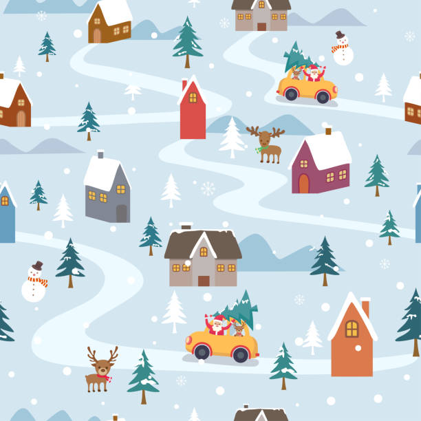 ilustraciones, imágenes clip art, dibujos animados e iconos de stock de navidad-pueblo-patrón sin costuras - wrapping paper christmas gift snowman