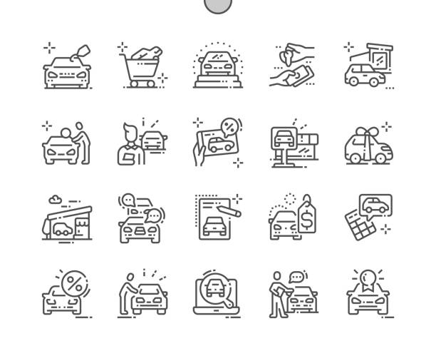 stockillustraties, clipart, cartoons en iconen met auto winkel goed vervaardigde pixel perfecte vector dunne lijn pictogrammen 30 2x grid voor webafbeeldingen en apps. eenvoudige minimale pictogram - autodealer