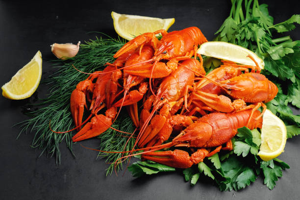 istock lobsters with green dill garlic lemon lime on black background top view 1173725854