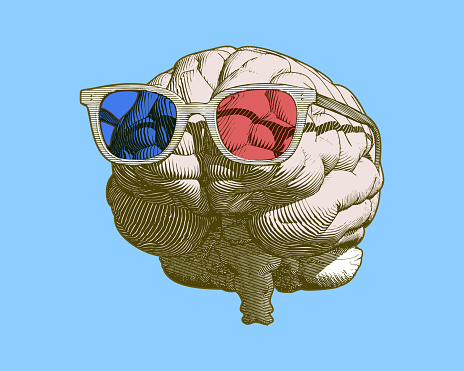 Monochrome retro engraving human brain with retro 3D glasses illustration in front view isolated on light blue background