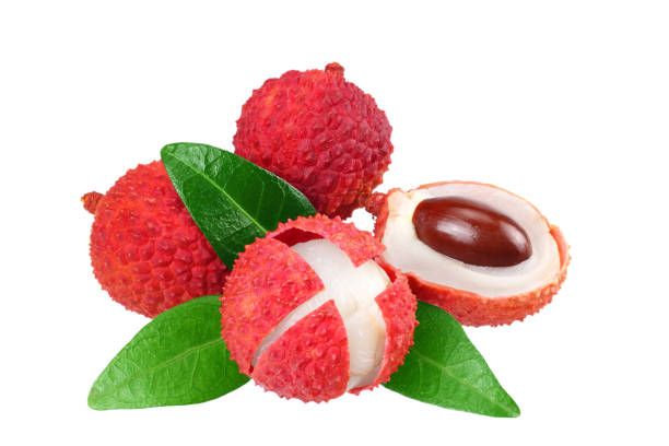 istock Fresh lychee with leaves isolated on white background. 1173730117