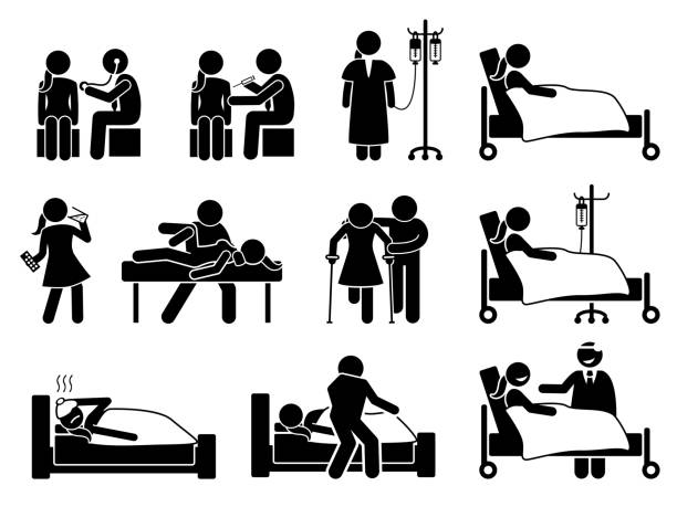 Sick, illness and injury treatment, medication, and rehabilitation for woman at hospital and home. Stick figures depict female body checkup, hospital patient, IV drip, injection, and physiotherapy. patient symbols stock illustrations