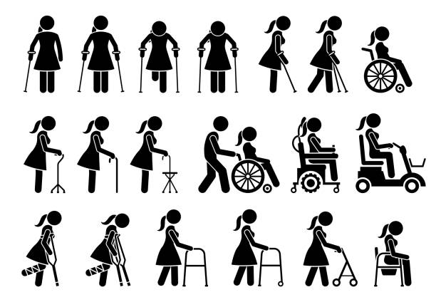 Mobility aids medical tools and equipment stick figure pictogram icons. Artwork signs symbols depicts woman walking with crutches, wheelchair, cane, electric wheelchair, power scooter, and walker. crutch stock illustrations