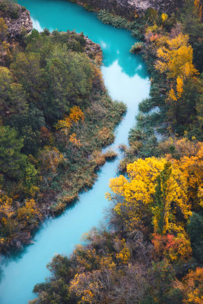 Jucar River In Spain Aerial view on Jucar river in Parque Natural de la Serranía de Cuenca, Spain. landscape stream autumn forest stock pictures, royalty-free photos & images