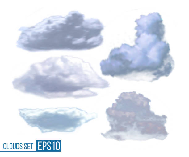 sammlung realistischer wolken isoliert auf weiß - air nature high up pattern stock-grafiken, -clipart, -cartoons und -symbole