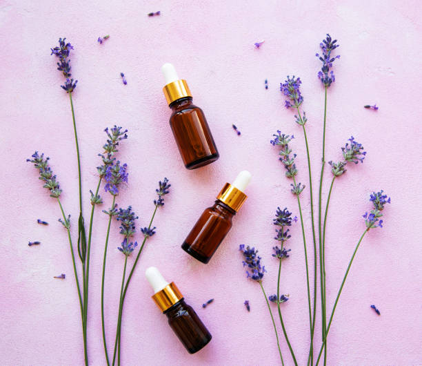 flat lay composition with lavender flowers and natural cosmetic