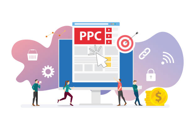 ilustraciones, imágenes clip art, dibujos animados e iconos de stock de ppc pagar por clic tecnología publicidad o concepto de publicidad con la gente del equipo y clics icono estilo plano moderno - vector - digital enhancement audio