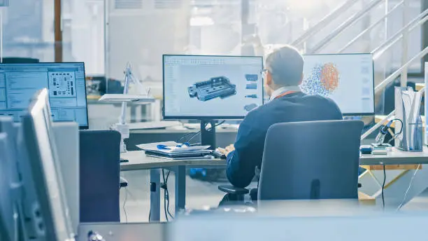 Photo of Back View of Industrial Engineer Working on Desktop Computer in Bright Office. Screens Show IDE / CAD Software, Implementation of Machine Learning, Neural Networking and Cloud Computing