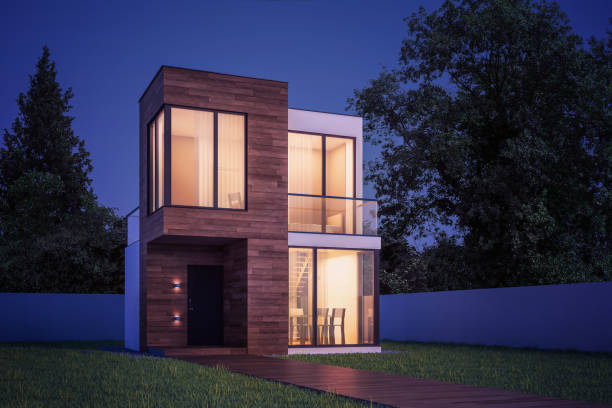 exterior moderna casa cuadrada pequeña con tablones de madera por la noche con ventanas brillantes ilustración 3d - the end wood timber construction fotografías e imágenes de stock