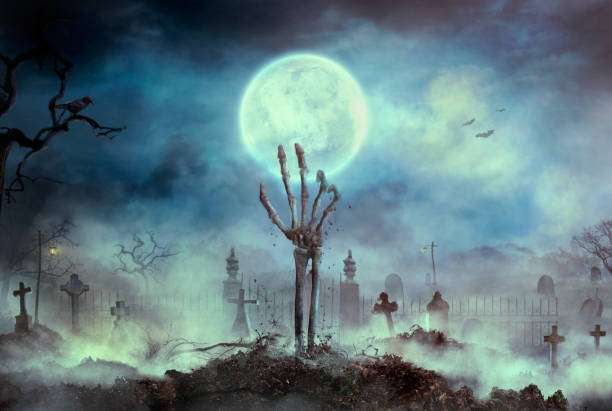 istock Zombie skeleton hand rise from the grave 1173742540