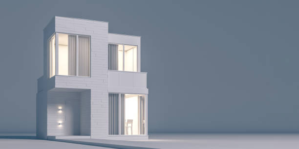 istock Modern house view from the outside in white materials imitating the layout with night lighting and light from the windows.3D illustration 1173742562
