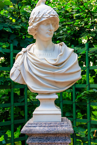 St. Petersburg, Russia - June 26, 2019: Bust of Alexander the Great (Alexander of Macedon) in old city park \