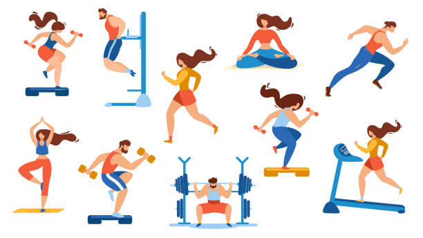 illustrazioni stock, clip art, cartoni animati e icone di tendenza di attività sportive estive isolate su bianco - sporting position illustrations