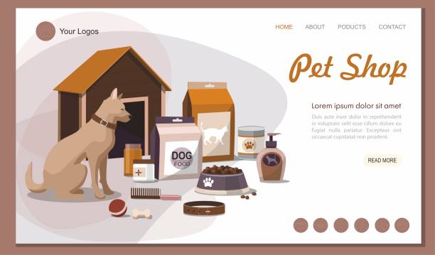 landing page pet shop. haustier-zubehör mit hund. - grooming product stock-grafiken, -clipart, -cartoons und -symbole