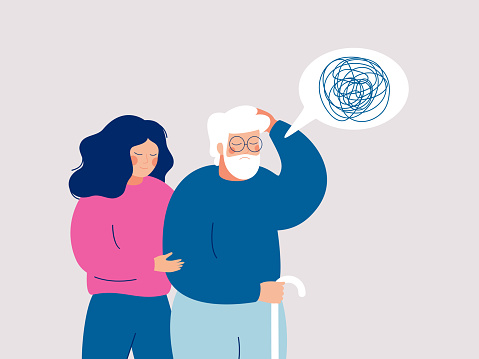 Young female volunteer is caring for an elderly person with dementia.  Senior person leans on a cane, and a young social worker supports and helps him. Flat style vector illustration