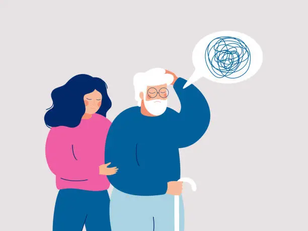 Vector illustration of Young female volunteer is caring for an elderly person with dementia