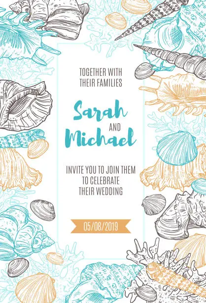 Vector illustration of Seashells and corals frame on wedding invitation