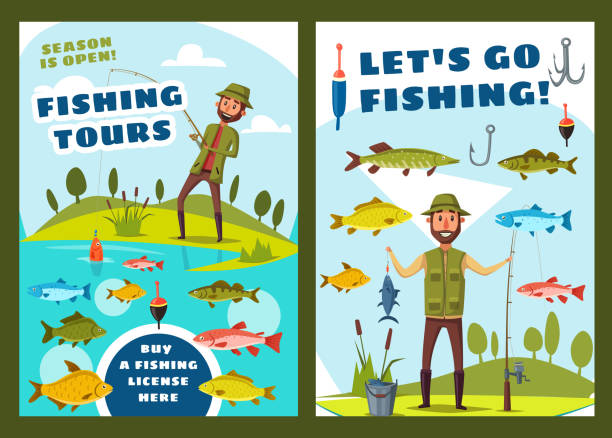 ilustrações, clipart, desenhos animados e ícones de pesca e grandes passeios de peixe - catfish fish fishing fishing hook