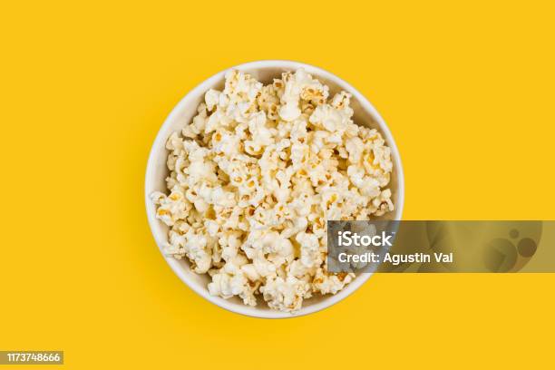 Popcorn In A White Bowl Stock Photo - Download Image Now - Popcorn, Bowl, Directly Above