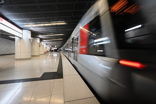 Duesseldorf, Germany, September 3, 2019: Photo of the subway station Heinrich-Heine-Allee in Duesseldorf. It is part of the Wehrhahn Line, which opened in February 2016. Some unidentified persons in the background.