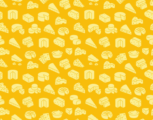 실루엣 아이콘치즈 매끄러운 패턴. 벡터 배경, 파마산, 모짜렐라, 요구르트, 네덜란드어, 리코타, 버터, 유제품 매장을위한 블루 치즈 조각의 삽화. 오렌지, 옐로우 컬러 - cheese stock illustrations