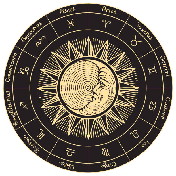 illustrazioni stock, clip art, cartoni animati e icone di tendenza di cerchio segni zodiacali con sole e luna - fortune telling astrology sign wheel sun