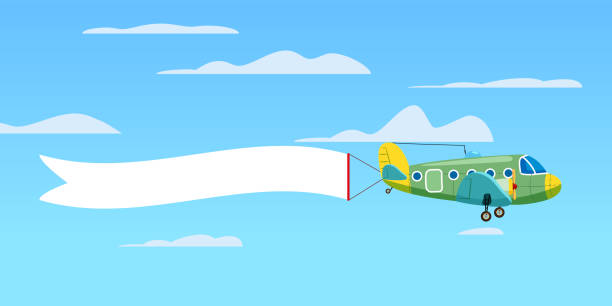 istock Red retro airplane aircraft with advertising banner ribbon in the cloudy sky. Vector isolated illustration 1173752309