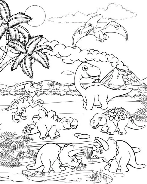 Vector illustration of Dinosaur Cartoon Prehistoric Landscape Scene