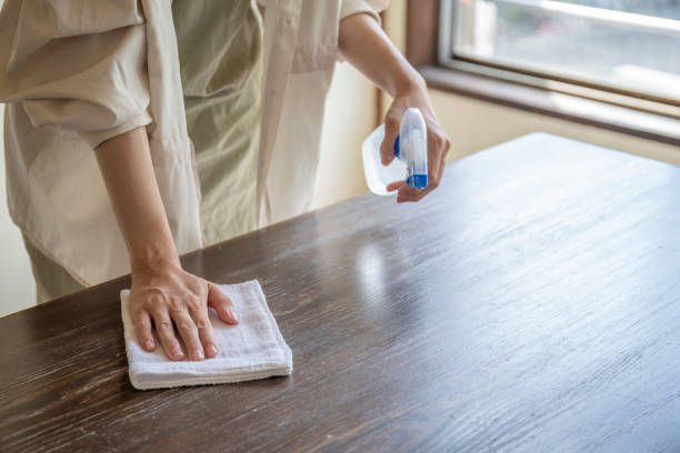 istock Woman's hand wiping the desk 1173752459
