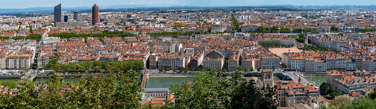 Panoramic view from Esplanade de Fourviere, Lyon, France which stands on a hill overlooking Lyon in France.