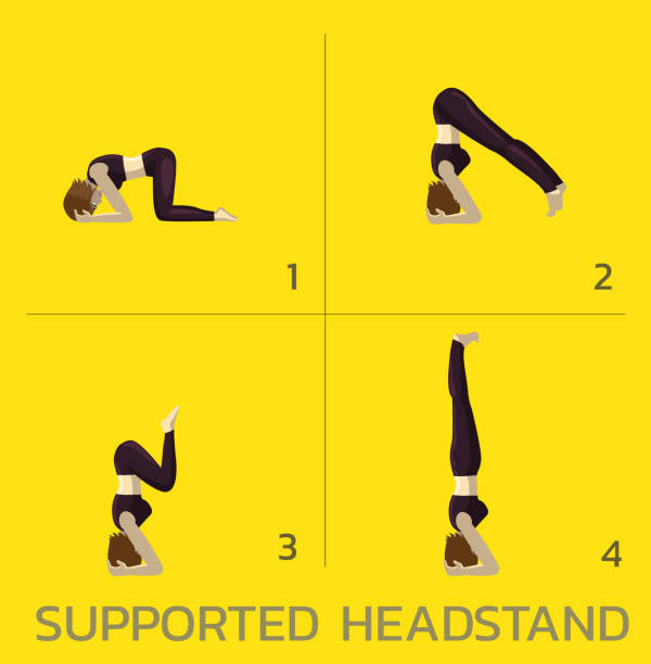 Supported Headstand Yoga Manga Tutorial How Cartoon Vector Illustration Yoga Posture EPS10 File Format headstand stock illustrations